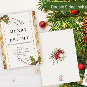 May include: Double-sided Christmas invitation with "MERRY and BRIGHT" text. The front features gold geometric accents, holly, and event details. The back displays a floral arrangement. Festive holiday stationery.