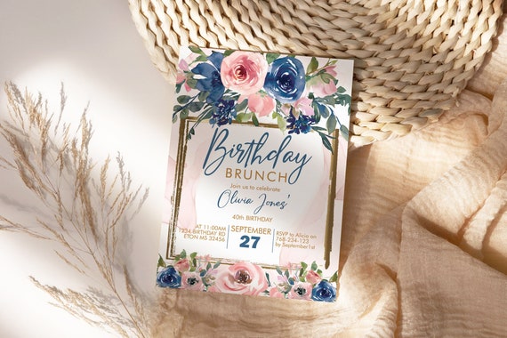 DIY Any Age Birthday Navy Blush Pink Floral Invitation Printable Template, Gold Frame Editable Flowers Brunch Lunch Party Invite for Women