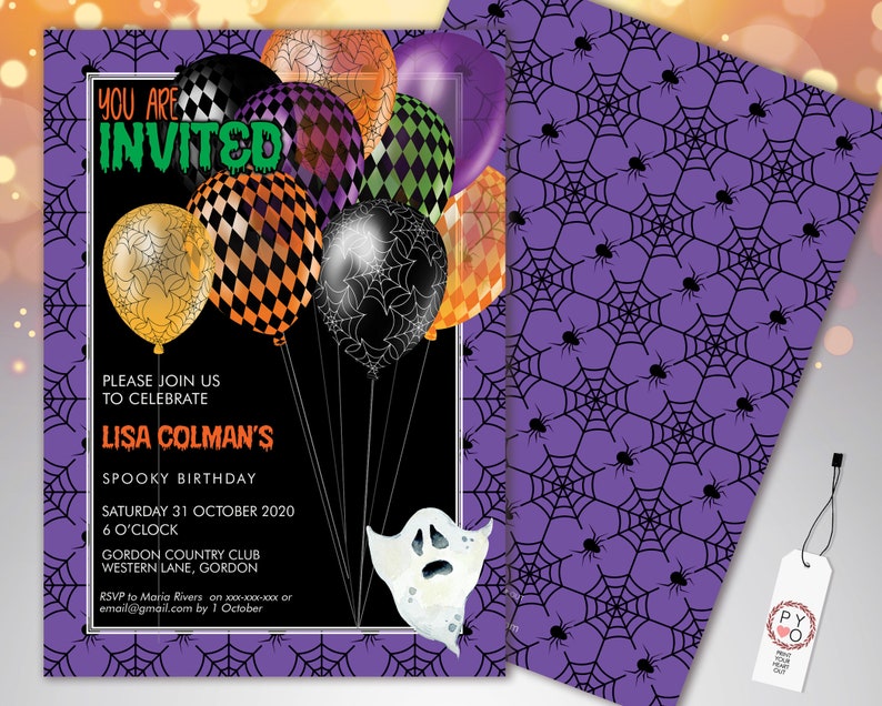 May include: Halloween-themed invitation with a black background and colorful balloons. The text reads "YOU ARE INVITED" and details for Lisa Colman's spooky birthday. The invitation has a purple border with spiderwebs and spiders.