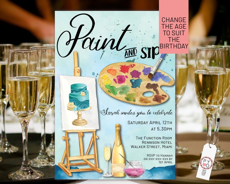 Paint and Sip Blue Gold Invitation Printable Drinks Editable - Etsy