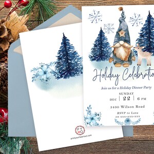 May include: A white invitation card featuring a watercolor gnome, a deer, blue pine trees, and snowflakes. The text reads Holiday Celebration, Join us for a Holiday Dinner Party, Sunday Dec 22 6 PM, 3490 Wilson Road, and RSVP to Lana on xxx-xxx-xxx.