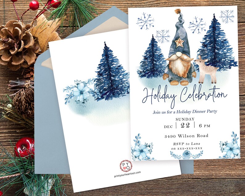 May include: A white invitation card featuring a watercolor gnome, a deer, blue pine trees, and snowflakes. The text reads Holiday Celebration, Join us for a Holiday Dinner Party, Sunday Dec 22 6 PM, 3490 Wilson Road, and RSVP to Lana on xxx-xxx-xxx.