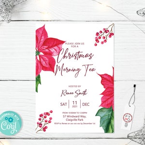 K&ouml;nnte beinhalten: Eine wei&szlig;e Weihnachtseinladungskarte mit roten Weihnachtssternen und Beeren. Der Text lautet "Christmas Morning Tea", veranstaltet von Renee Smith. Die Karte enth&auml;lt Datum, Uhrzeit und Ort der Veranstaltung.