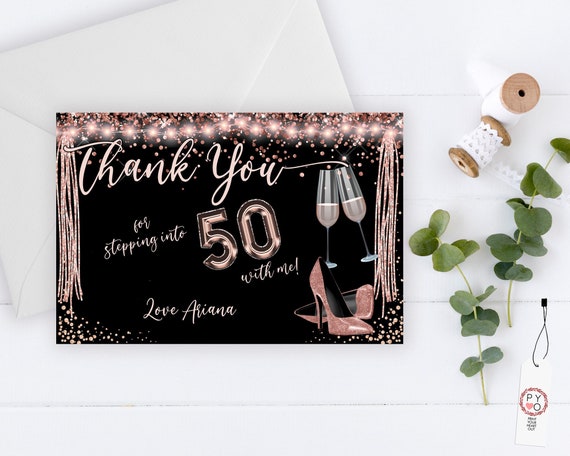 Stepping Into 30 40 50 60 70 Thank You Card, Editable Thanks Birthday, Rosegold Thank You Champagne, Glitter Shoes, Streamers Thanks Card