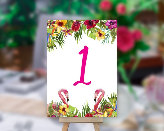 Flamingo Table Number, Tropical Wedding Table Number, Table Sign, Pink Table Number, Palm Leaves Table Card, Beach Wedding Table Number