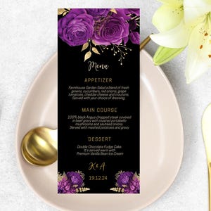 Menú de boda con rosas moradas, dorado y negro, menú editable por uno mismo, tarjetas de menú, menú de boda imprimible, menú de comida para fiestas, menú de flores