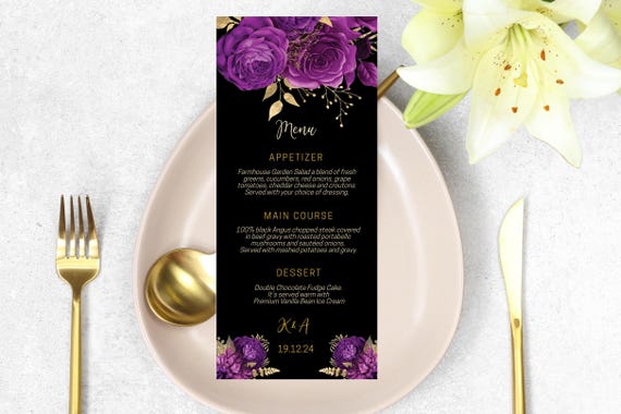 Purple Roses Gold Black Floral Wedding Menu, DIY Editable Menu, Menu Cards, Printable Wedding Menu, Party Food Menu Download, Flowers Menu