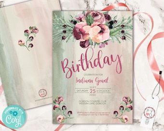 Burgundy Floral Birthday Invitation Template: Glitter Text (Digital Download)