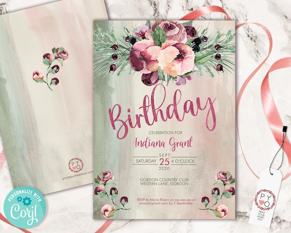 Burgundy Floral Birthday Invitation Printable Template, Any Age Editable Birthday Invitation for Women, Printable Glitter Text Invitation