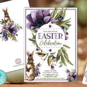 Plantilla imprimible de invitación para almuerzo y cena de Pascua con flores de color morado y verde, invitación de conejo para el té de la mañana, invitación floral imprimible