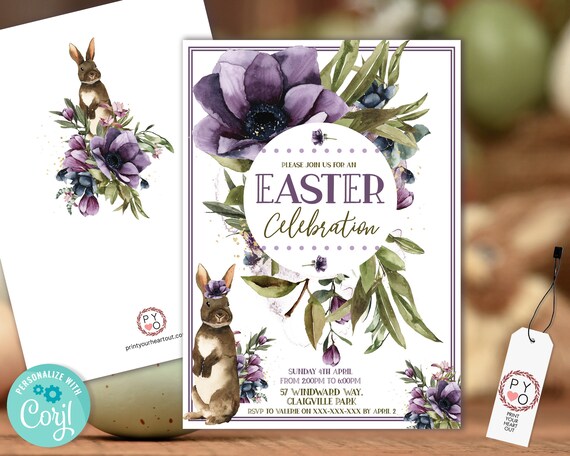 Purple Green Floral Easter Lunch Dinner Invitation Printable Template, Bunny Rabbit Invitation for Morning Tea, Printable Floral Invitation