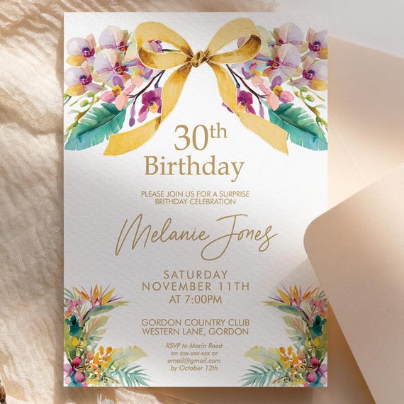 Tropical Flowers Orchids Birthday Dinner Invitation: Floral Palm Leaves (Editable Template)