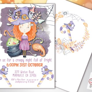 Puede incluir: Invitaci&oacute;n a una fiesta de Halloween con una ilustraci&oacute;n en acuarela de una bruja y un caldero. La invitaci&oacute;n incluye el texto: "Join us for a creepy night full of fright 6:00PM 31ST OCTOBER". El dise&ntilde;o presenta bastones de caramelo.