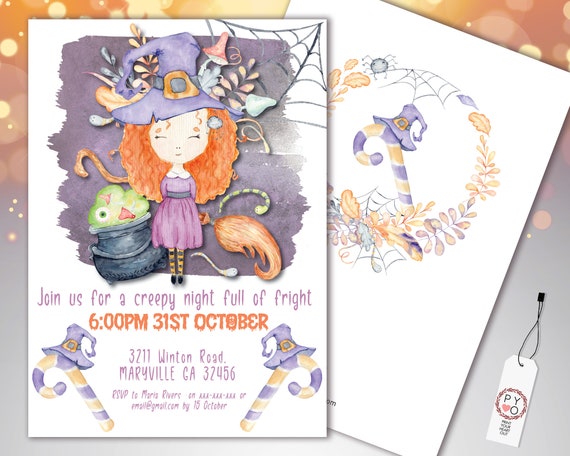 Halloween Little Witch Kids Invitation Printable Template, Pumpkin Party Invite, Printable Spooky Fright Night Invite, Spiderweb