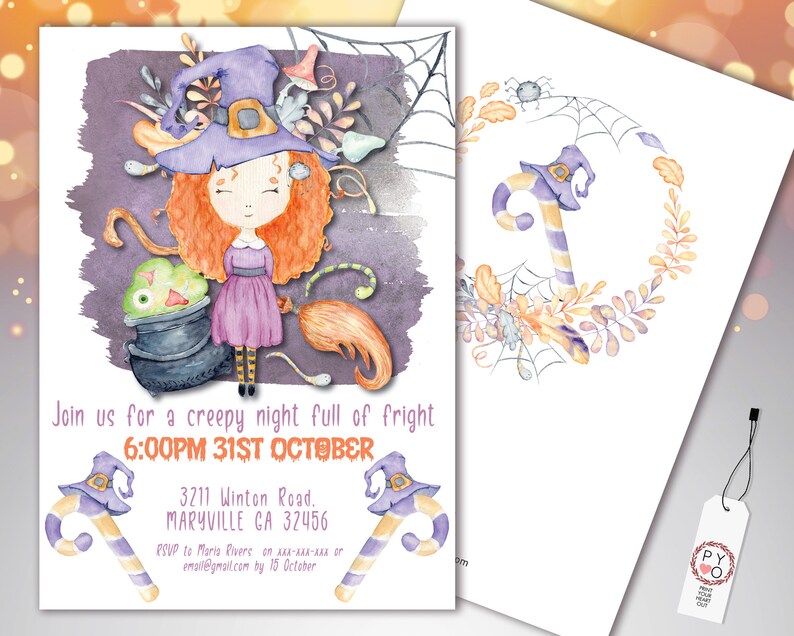 Puede incluir: Invitaci&oacute;n a una fiesta de Halloween con una ilustraci&oacute;n en acuarela de una bruja y un caldero. La invitaci&oacute;n incluye el texto: "Join us for a creepy night full of fright 6:00PM 31ST OCTOBER". El dise&ntilde;o presenta bastones de caramelo.