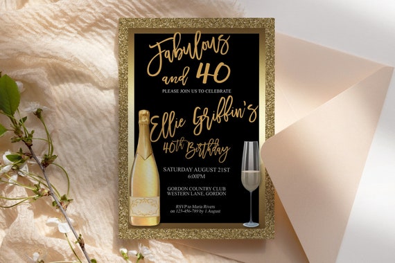 Any Age Gold Birthday Champagne Glass Invitation Printable Template, Glitter Foil Editable Birthday Dinner Invitation Women, Printable Card