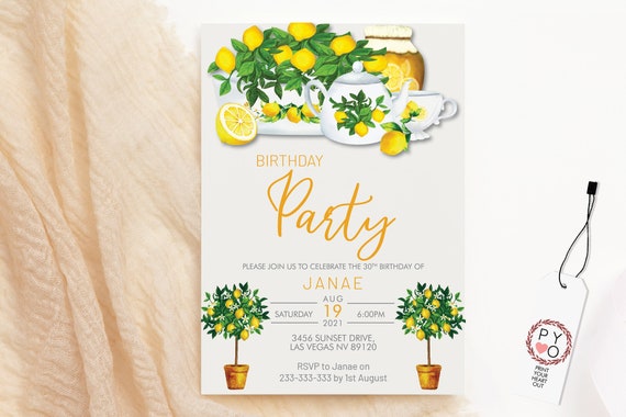 Lemon Birthday Invitation, Lemon Tree Tea Pot Invitation, Printable Lunch Party, Topiary Editable Template for Women, Morning Tea Citrus