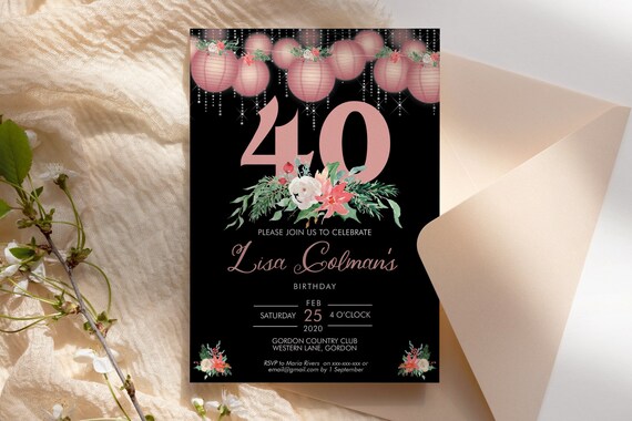 DIY 40th Birthday Lantern Flowers Invitation Printable Template, Black Pink Floral Editable Birthday Party Invitation for Women, Printable