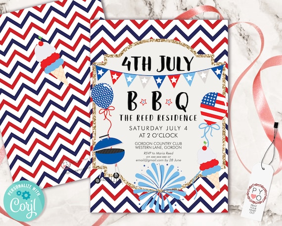 4th July Celebrate BBQ Chevron Invitation Printable Template, Red White Blue Editable Party Invite, Printable Independence Day Picnic Invite
