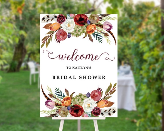 Fall Flowers Bridal Shower Welcome Sign, Autumn Floral Personalized Bridal Shower Sign, Welcome Sign for Bridal Shower, Burgundy Flowers