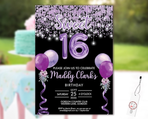 Sweet 16 Party Invitation Printable Template, Black Editable Invitation, 16th Birthday, Purple Balloon Invite, 16 Lavender Editable Invite