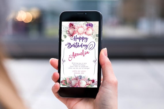 Pink King Protea Electronic Birthday, Smartphone SMS Digital Editable template, EcoFriendly, Electronic Tropical Leaves Birthday Greeting