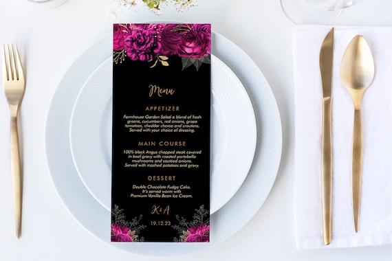 Hot Pink Roses Gold Black Floral Wedding Menu, DIY Editable Menu, Menu Cards, Printable Wedding Menu, Party Food Menu Download, Flowers Menu