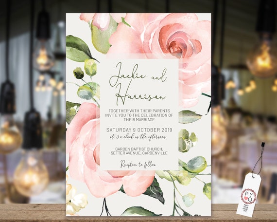 Pink Floral Wedding Invitation, Rose Invitation, Rehearsal Invitation, Watercolor Flower Invitation, Printable Pink Rose, Editable Template