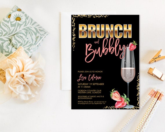 Brunch Bubbly Champagne Pink Gold Strawberry Bridal Shower Invitation, Glam Shower, Gold Glitter Printable Bridal Shower, Editable Template