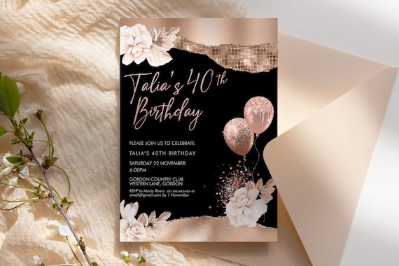 Rose Gold Birthday Floral Balloons Invitation Printable Template, Cream Flowers Glitter Editable Party Invitation for Women, Printable Card