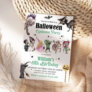 May include: A rectangular Halloween costume party invitation card featuring illustrations of a skeleton, a black cat, a witch, and various costumed children. The text reads: You're invited to a Halloween Costume Party to celebrate William's 8th Birthday.
