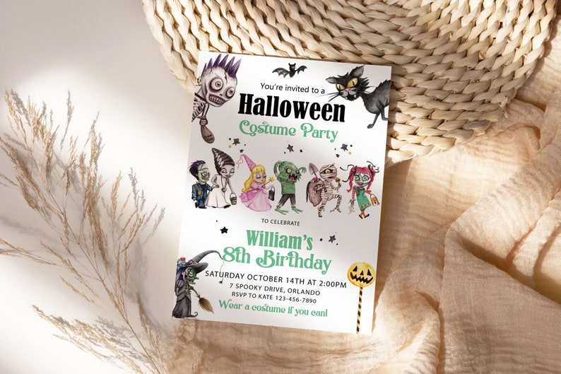 May include: A rectangular Halloween costume party invitation card featuring illustrations of a skeleton, a black cat, a witch, and various costumed children. The text reads: You're invited to a Halloween Costume Party to celebrate William's 8th Birthday.