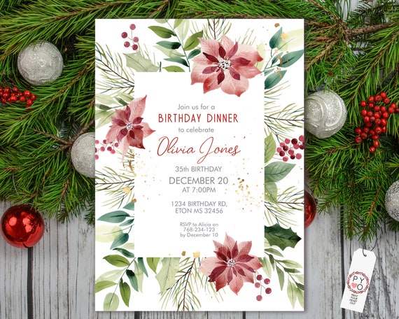 Red Floral Poinsettia Birthday Christmas Party Invitation, Flowers Invite, Traditional, Xmas Party, Dinner Lunch Tea Xmas Celebration