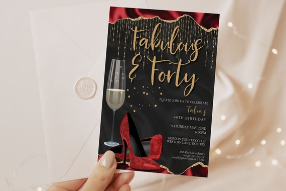 Red Glitter Heels Birthday Invitation | Elegant Champagne Design | Printable Template