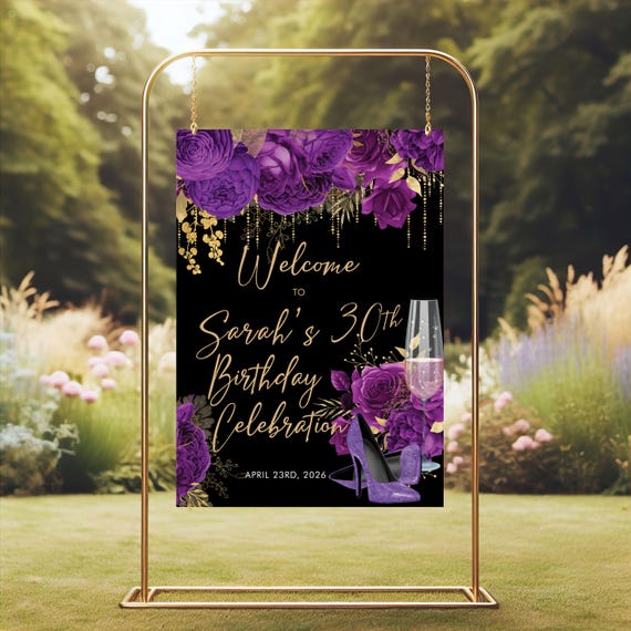 Purple Glitter Heels Birthday Welcome Sign: Floral Roses (Printable 24x30)