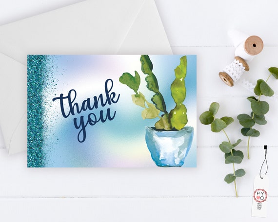 Aqua Glitter Cactus Pot Thank You Card, Southwest Thank You, Plant Thank You, Printable Thank Yous Card, Shower Thank You, Thanks Wedding