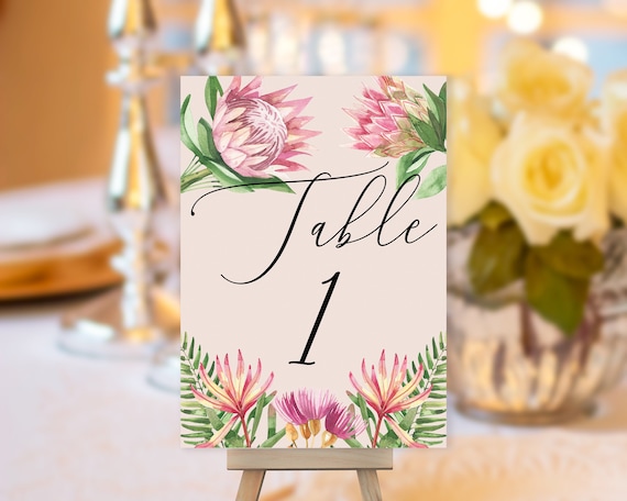 TRY Before You BUY! Pink King Protea Table Number, Pink Wedding Sign, Floral Wedding Table Number, Flower Table Sign, Tropical Table Number