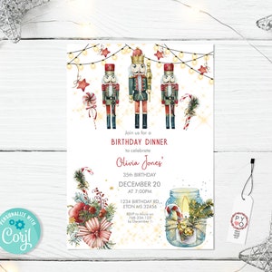 May include: A birthday dinner invitation card featuring three nutcrackers, string lights, a candy cane, and a mason jar with a candle. The text reads: Join us for a BIRTHDAY DINNER to celebrate Olivia Jones' 35th BIRTHDAY DECEMBER 20 AT 7:00PM.