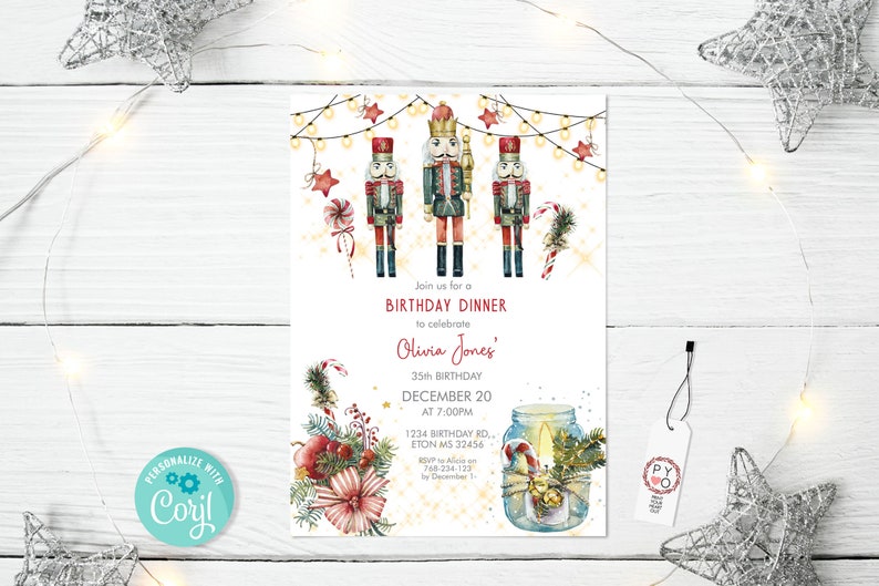 May include: A birthday dinner invitation card featuring three nutcrackers, string lights, a candy cane, and a mason jar with a candle. The text reads: Join us for a BIRTHDAY DINNER to celebrate Olivia Jones' 35th BIRTHDAY DECEMBER 20 AT 7:00PM.
