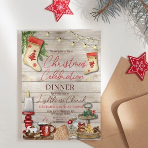 May include: Christmas Celebration Dinner invitation with watercolor illustrations. Features a rustic wooden background, Christmas stockings, and festive decorations. Includes event details: date, time, and location.