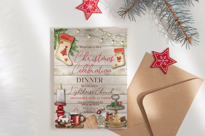May include: Christmas Celebration Dinner invitation with watercolor illustrations. Features a rustic wooden background, Christmas stockings, and festive decorations. Includes event details: date, time, and location.