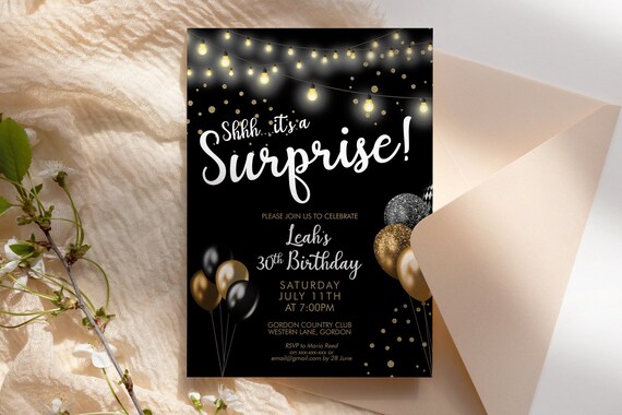 Any Age Gold Its a Surprise Birthday Balloons Invitation Printable Template, Black Glitter Editable Birthday Party Women, Printable Card