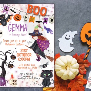 May include: Halloween-themed invitation with a witch illustration, the name "Gemma", and event details. Includes decorative elements like bats, pumpkins, and a black cat. The word "BOO" is displayed at the top.