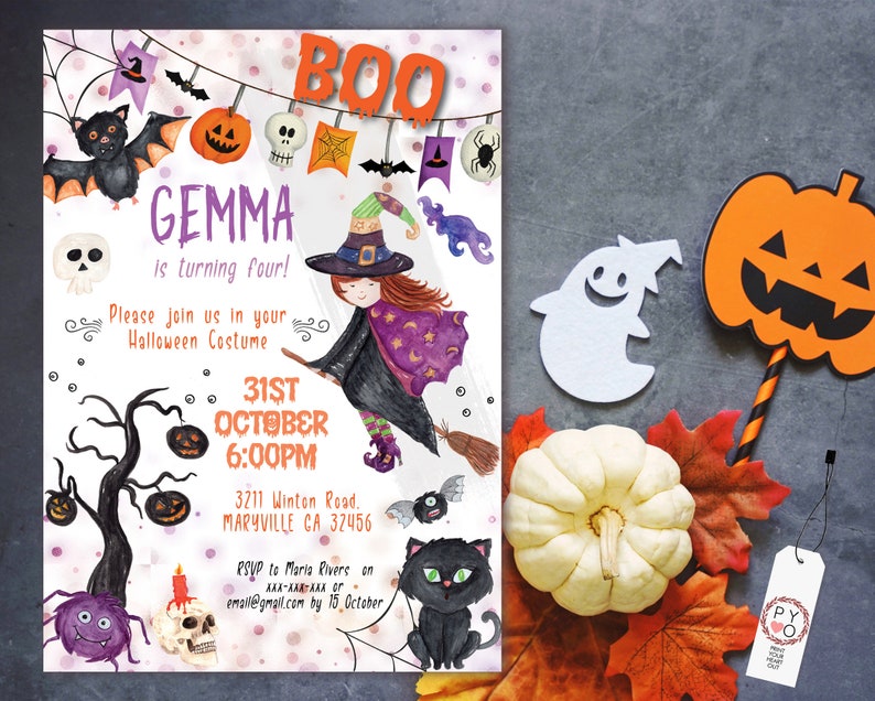 May include: Halloween-themed invitation with a witch illustration, the name "Gemma", and event details. Includes decorative elements like bats, pumpkins, and a black cat. The word "BOO" is displayed at the top.