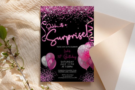 Any Age Neon Pink Its a Surprise Birthday Balloons Invitation Printable Template, Hot Pink Glitter Editable Party Women, Magenta Ribbon Card