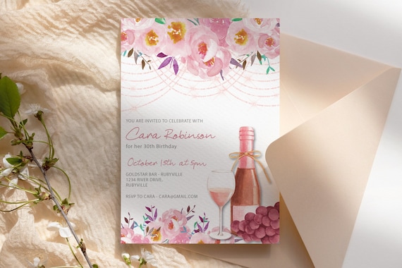 Pink Rose Wine Floral Birthday Invitation Printable Template, Blush Flowers Editable Party Invite for Women, Peony Pastel Dinner Party  Card