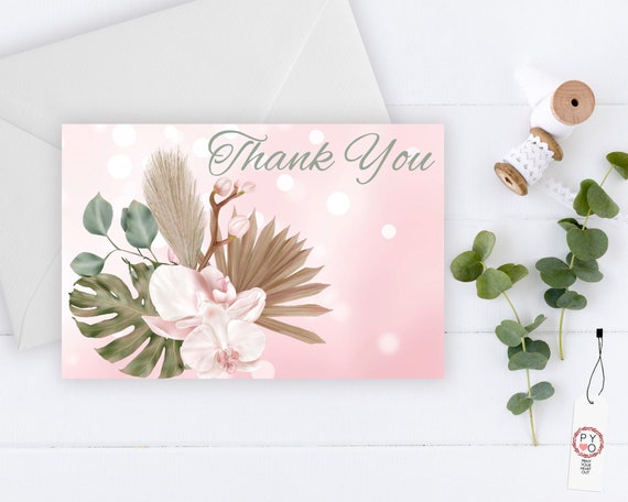 Pink Orchid Thank You Card , Pampas Grass, Summer Spring, Tropical Thank You, Printable Thank You Card, Pink Floral Eucalyptus Native Green