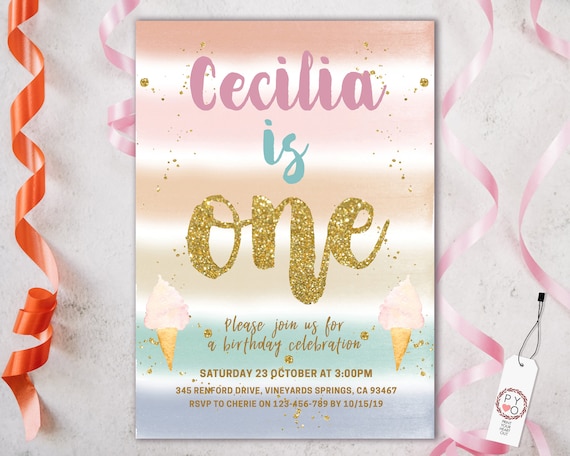 Rainbow Stripes 1st Birthday Gender Neutral Invitation Printable Template, One Editable Invitation, Unisex Gold Glitter First Birthday