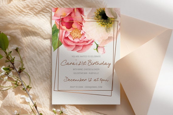 Big Watercolor Flowers Birthday Invitation Printable Template, Any Age Editable Birthday Invitation for Women, Printable Floral Invitation