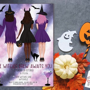 May include: Halloween-themed invitation featuring three witch figures in purple and black dresses, with a black cat and bats. The invitation text reads "The Witches Brew Awaits You" with event details. Decorative elements include a pumpkin, ghost, and fall leaves.